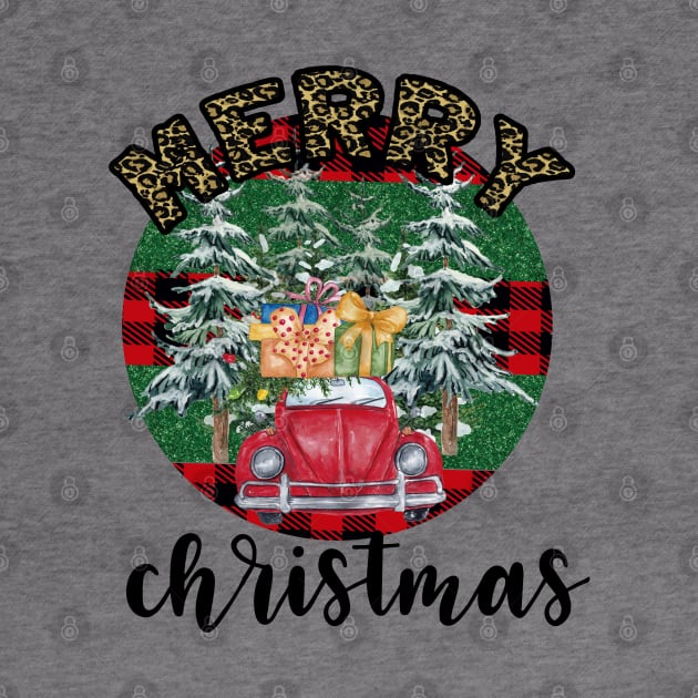 Merry christmas leopard buffalo plaid tree truck by Peach Lily Rainbow